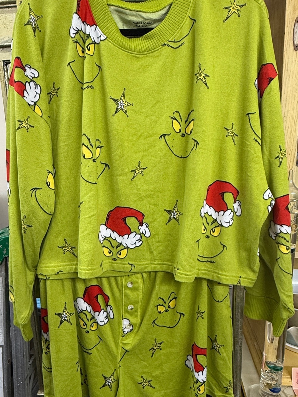 Adult Grinch Holiday Pajama set, top & bottoms American Eagle Outfitters NWOT